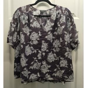 Current Air Anthropologie Size Large Blue Gray Floral V-Neck Orange Stitch Top